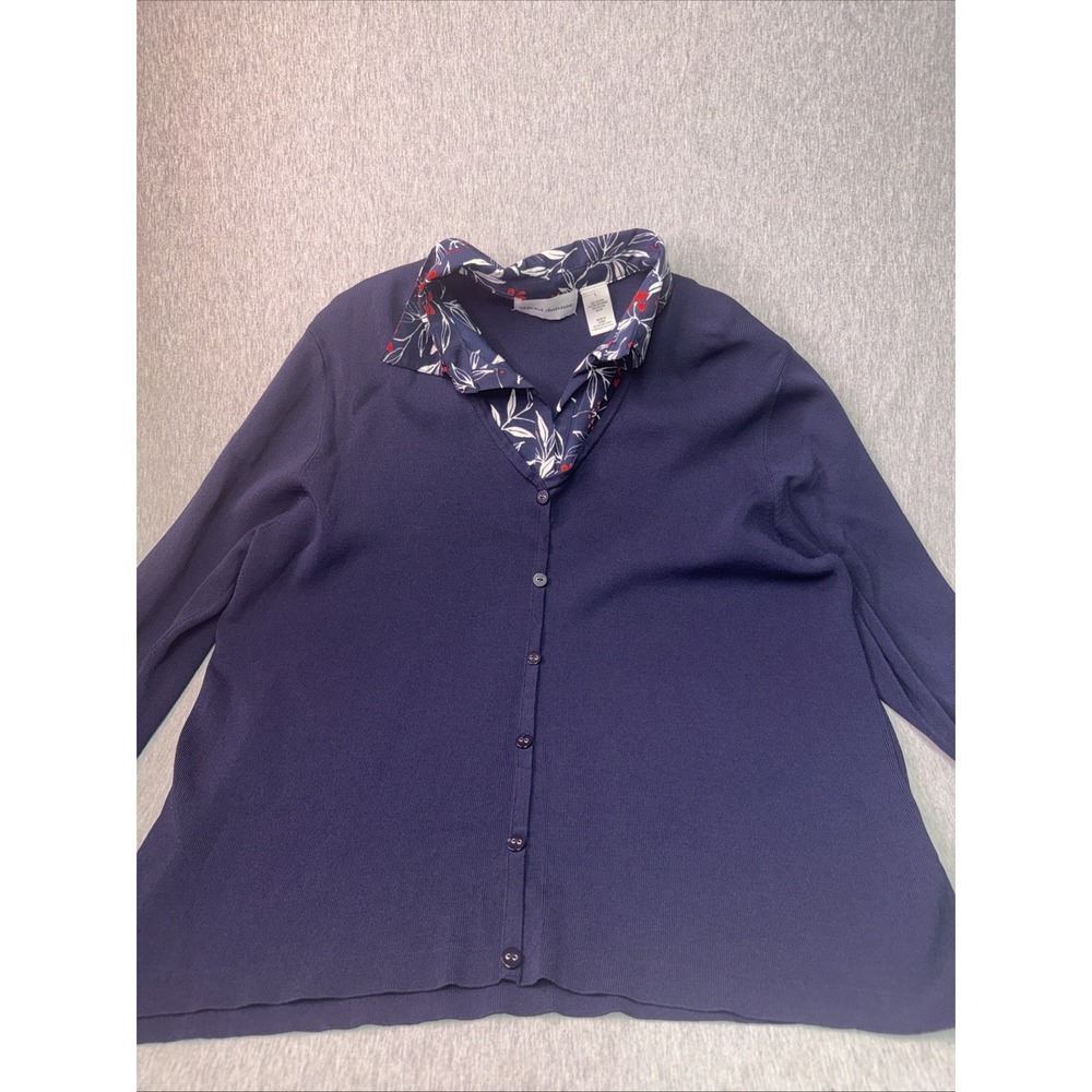 Alfred Dunner Women's Navy Blue Button Front Cardigan Floral Collar Size L